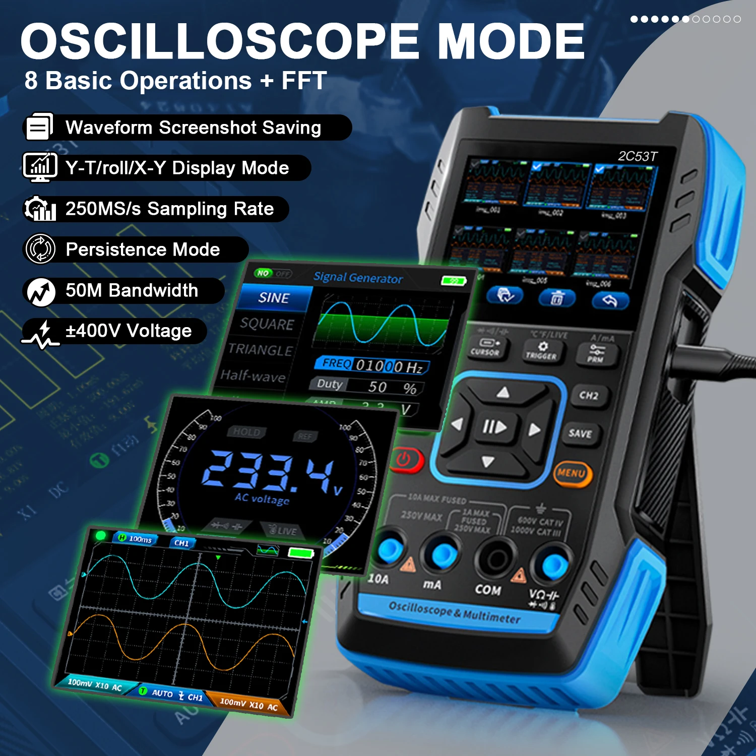 Professional Handheld Oscilloscope Multimeter 3-in-1 2 Channels 2C23/2C53T with DDS Generator 250MS/s Sampling Rate 19999 Counts