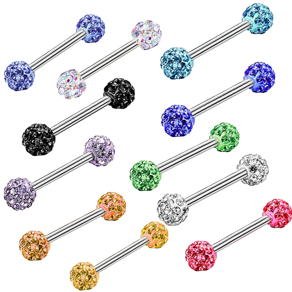 

12 color Crystal Zircon Ball Tongue Stud Stainless Steel Piercing Body Jewelry For Women Tongue Ring Lip Stud Nightclub Bar Jewe