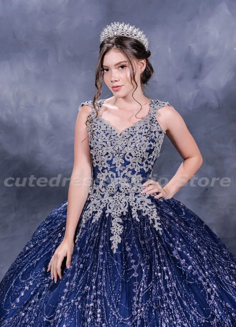 Charro Vestidos De XV ol abiti Quinceanera blu Navy Applique in pizzo paillettes ragazze messicane Quince compleanno dolce 15 abiti