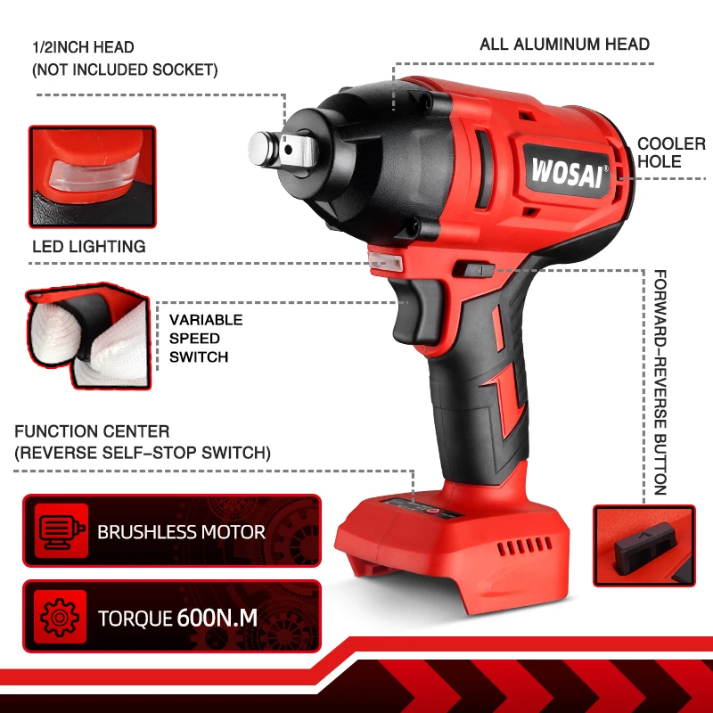 WOSAI 600N.m Brushless Electric Impact Wrench Rechargeable 20V Cordless Socket Wrench Compatible 18V Makita Lithium Battery