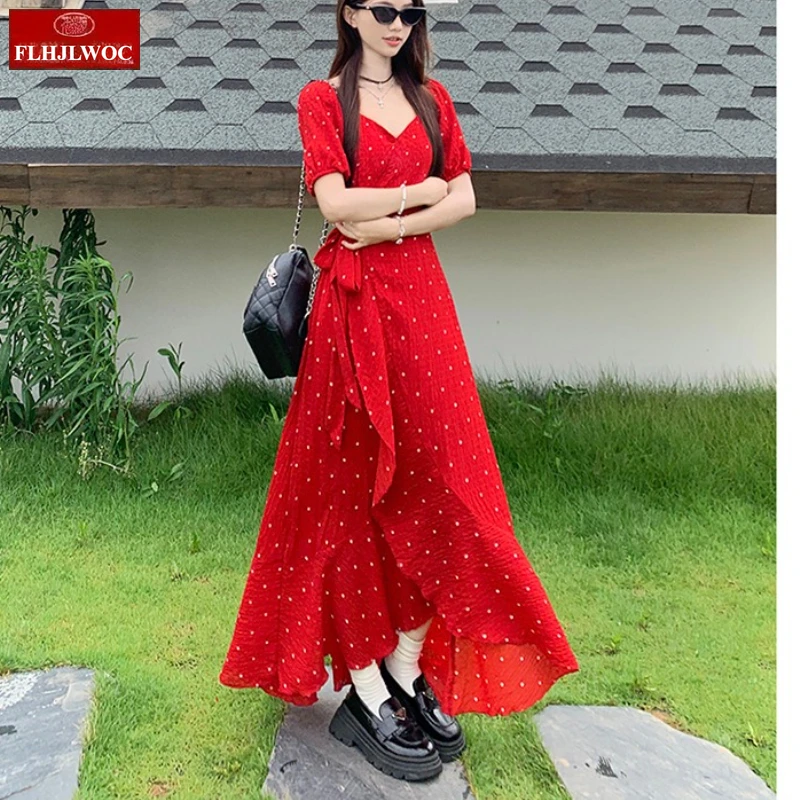 Ano novo natal vestidos vermelhos chique coreano feminino elegante senhora retro vintage longo maxi rendas de uma peça babados dot camisa vestido