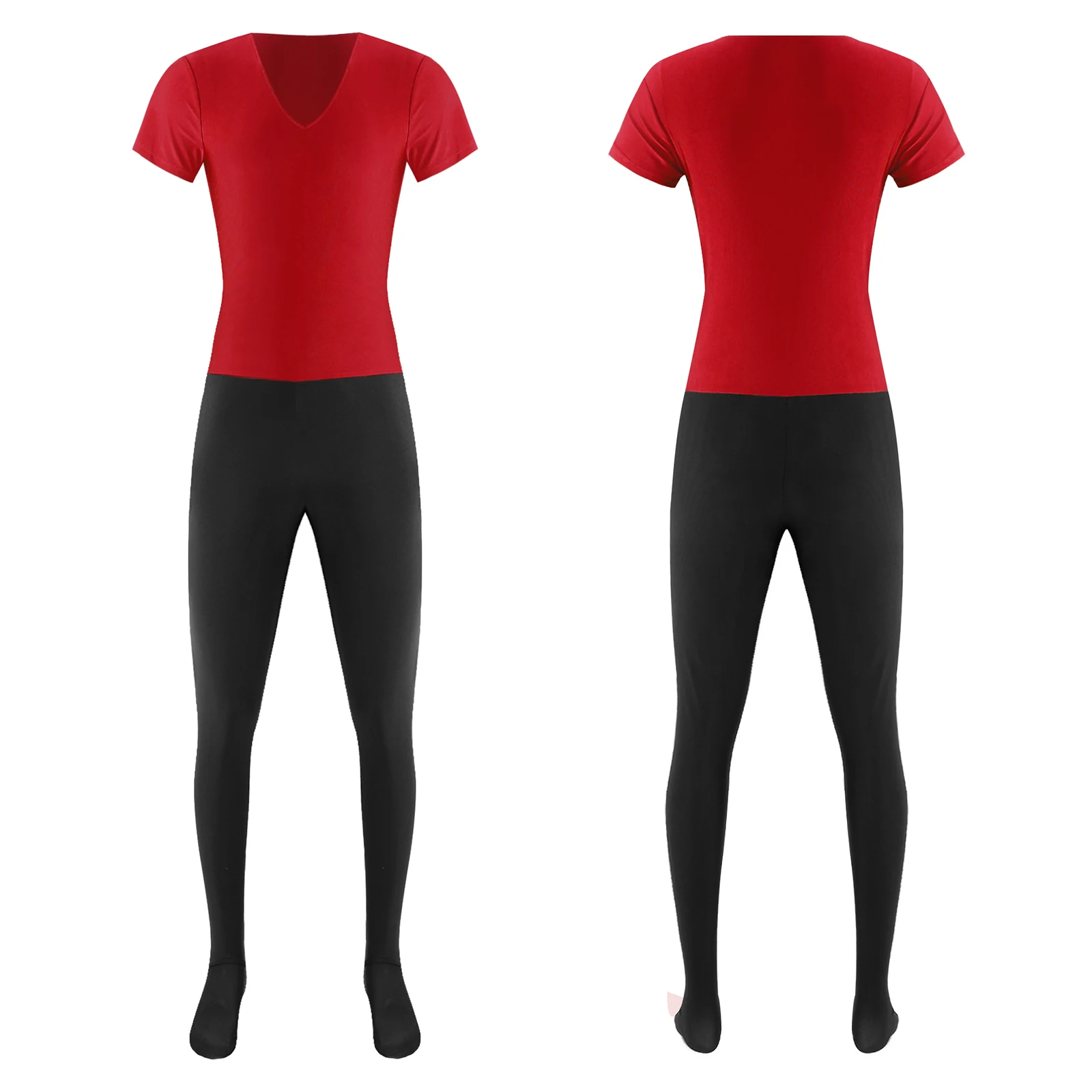 

Men Ballet Dance Unitard Jumpsuit Gymnastics Figure Skating Costume Sexy Short Sleeve Leggings Long Pant Contrast Color Bodysuit