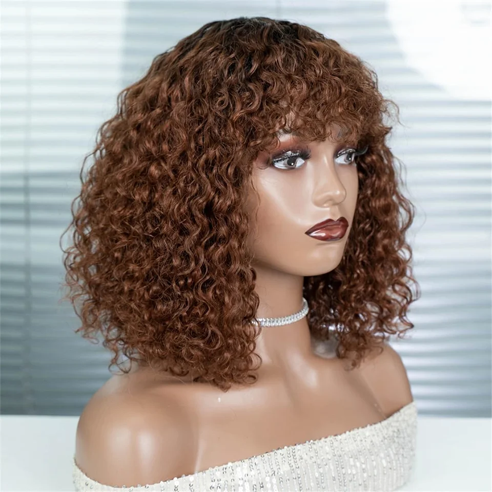 Highlight Jerry Curly Bob With Bangs Short Pixie Cut Curly Human Hair Wig Water Wave Wear To Go Wigs Full Machine Natural Black