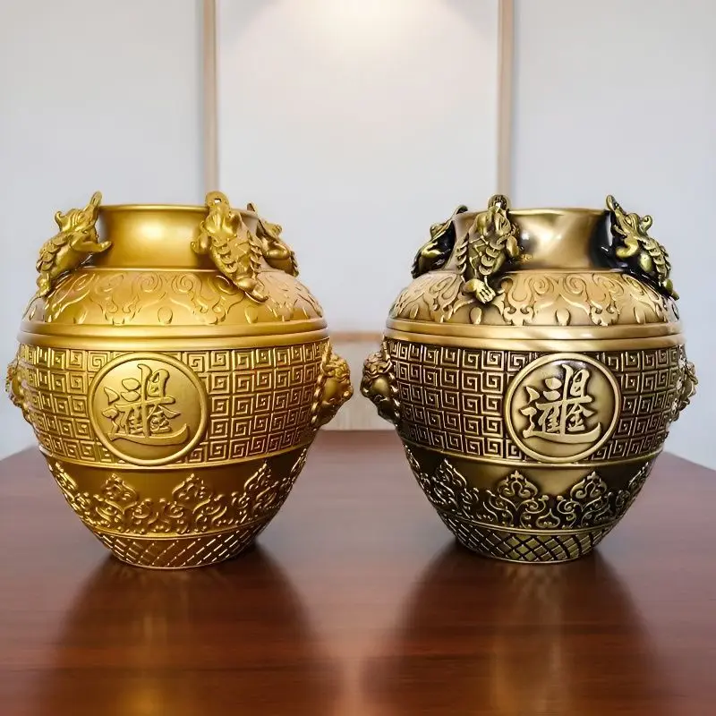 Brass Treasure Bowl Ornament, Copper , Golden Toad Jar, Square Feng Shui Home Decor for Attracting Weal