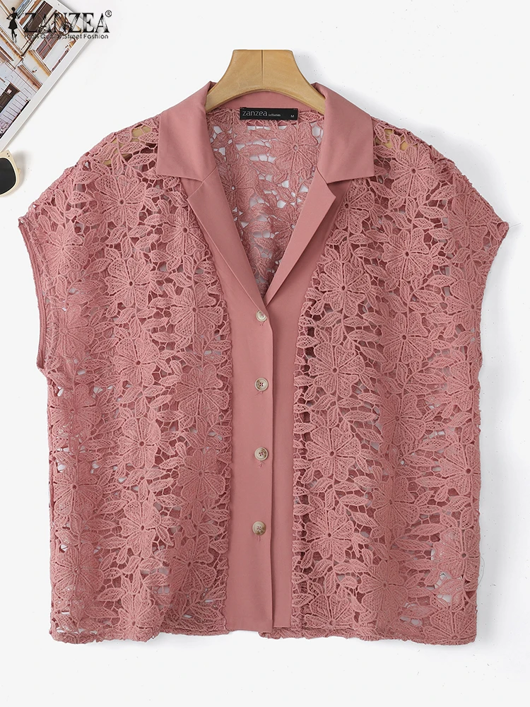 

ZANZEA Office Lady Open Stitch Tops Elegant Lace Shirts Women Casual Lapel Neck Blusas 2025 Loose Short Sleeve Solid Color Tunic