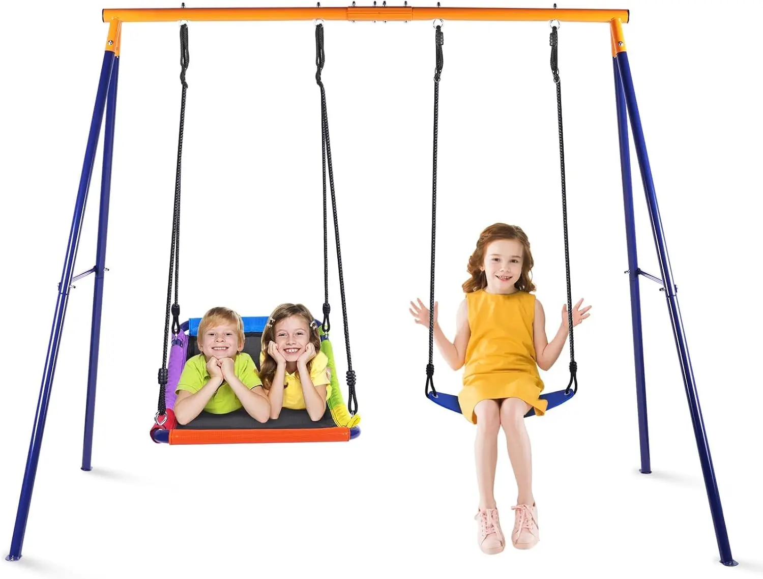 Swing Set for Backyard, Swing Set with Heavy-Duty A-Frame Metal Outdoor Stand, 1 Rectangle Platform Swing Seat & 1 Kids Swings S