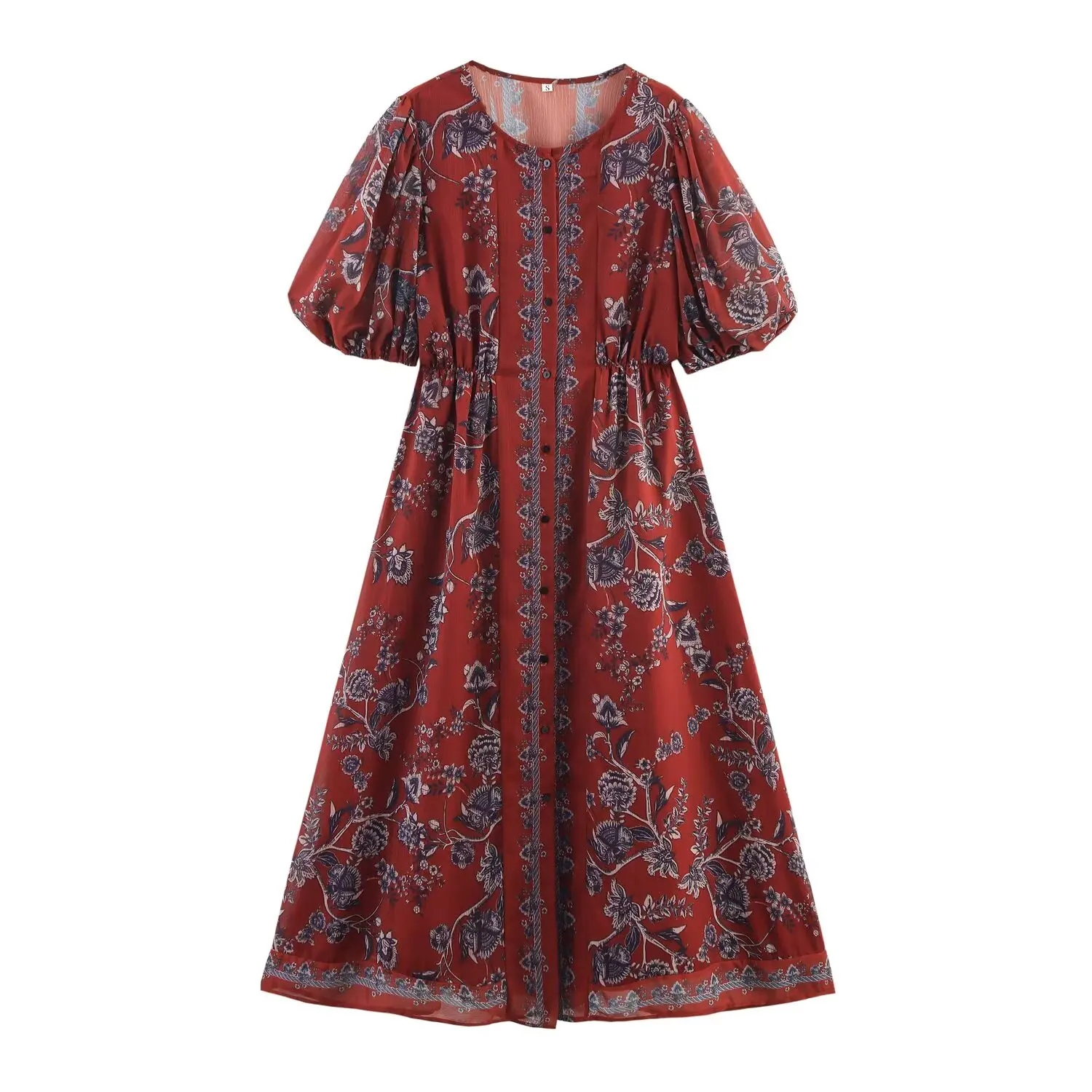 4 farben 2025 BOHO Frauen Blume Drucken O hals Offene Tasten Chiffon Hemd Kleid Ethnische Elastische Taille Puff Sleeve Midi Kleider robe