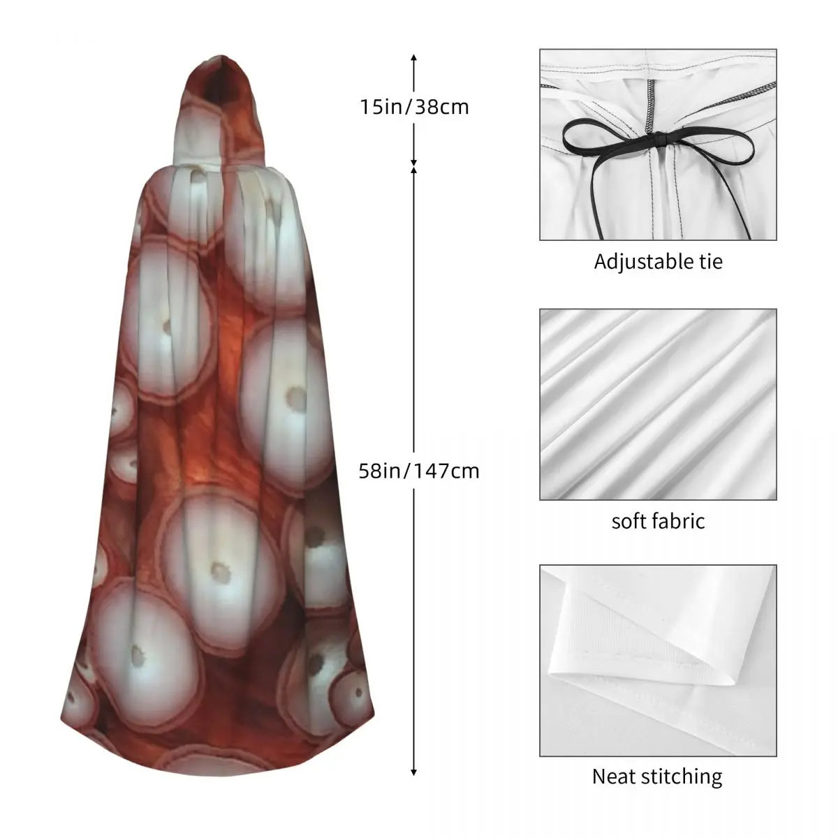 الأزرق والأبيض الأخطبوط مخالب الإطار طويل مقنعين عباءة الساحرة القرون الوسطى زي تأثيري كيب هالوين معطف الكبار للجنسين