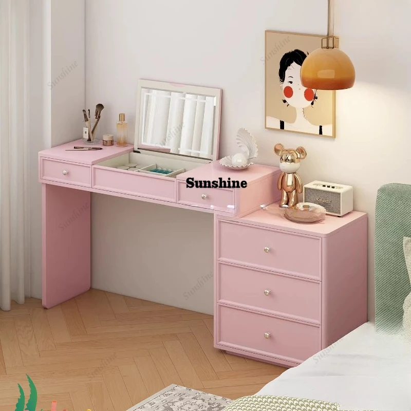 

Storage Cabinet Integrated Bedroom Bedside Cream Style Makeup Table Small Pink