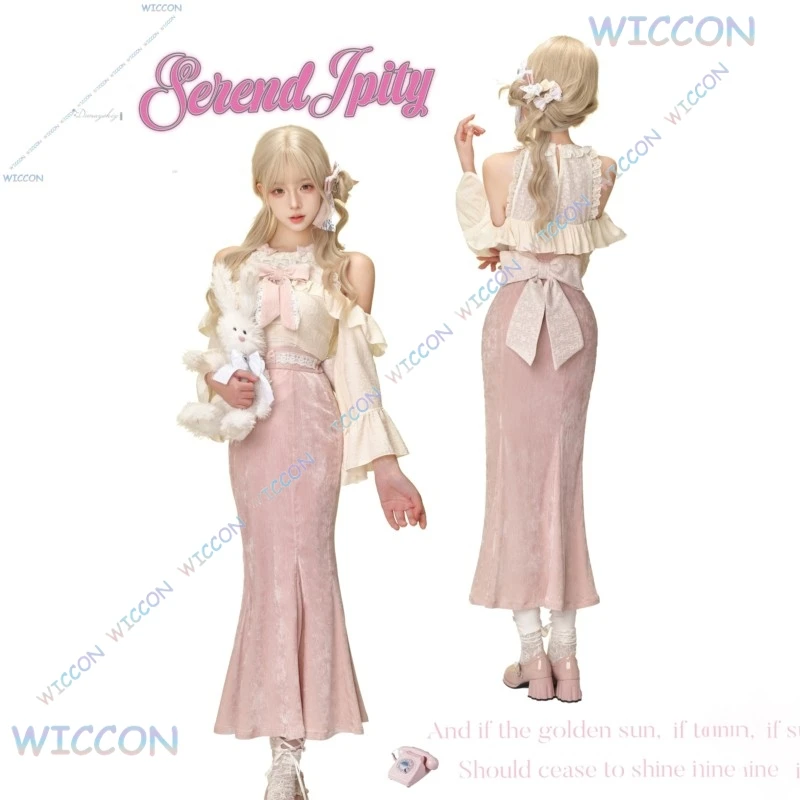 

wona/Girl Cute Lolita Dress 2025 New Lace-trimmed Off-the-shoulder Top Pink Tight Fishtail Dress Carnival Daily Outfits