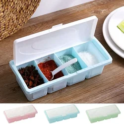 4 Grids Seasoning Box Condiment Storage Container Rack Spice Jar With Spoon Spice Box Storage Jars Kitchen Multi-functional Jar