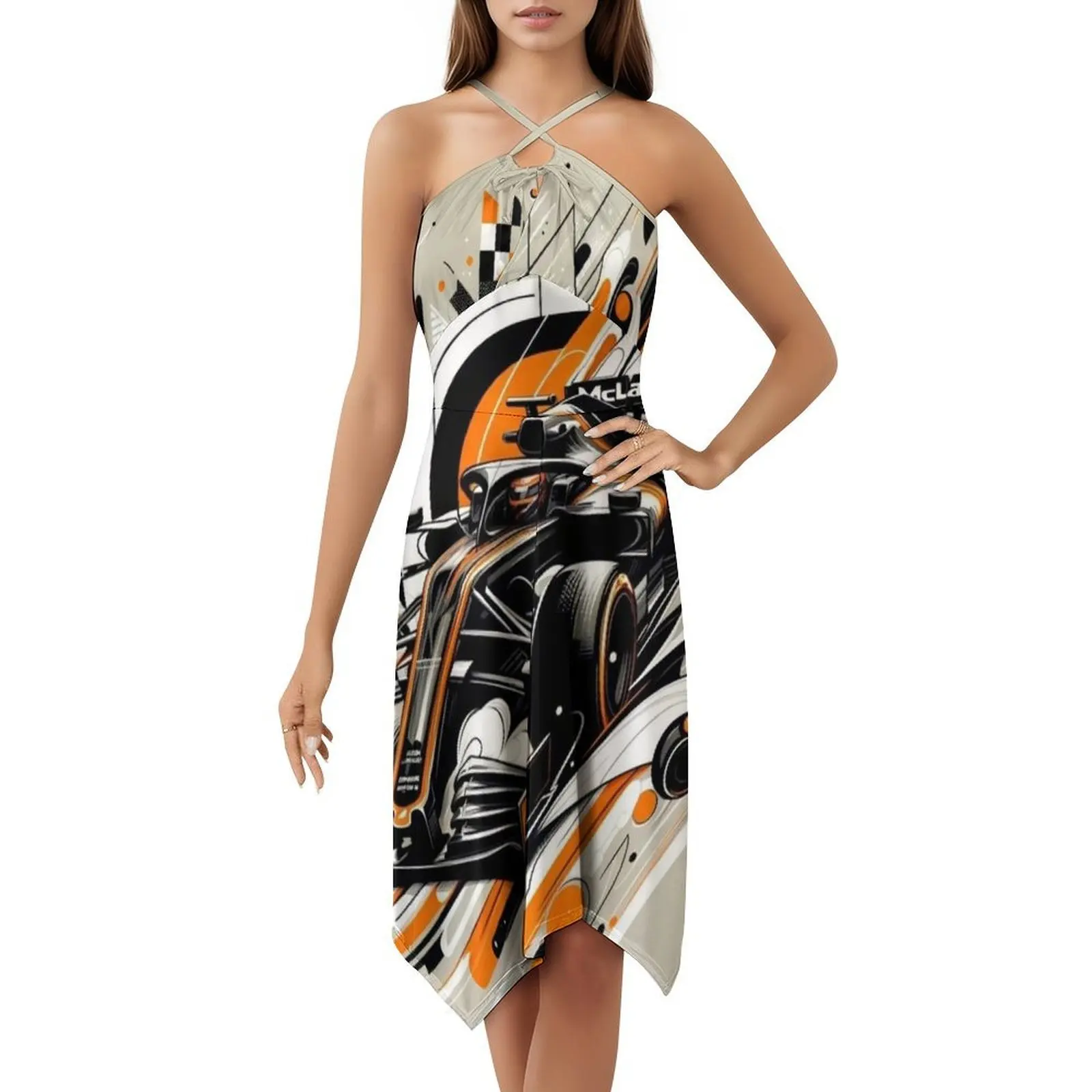 فستان سباق على الطراز الكوري للنساء فستان كاجوال أنيق للحفلات أو الارتداء اليومي فريق السباق البابايا البرتقالي والأزرق #5