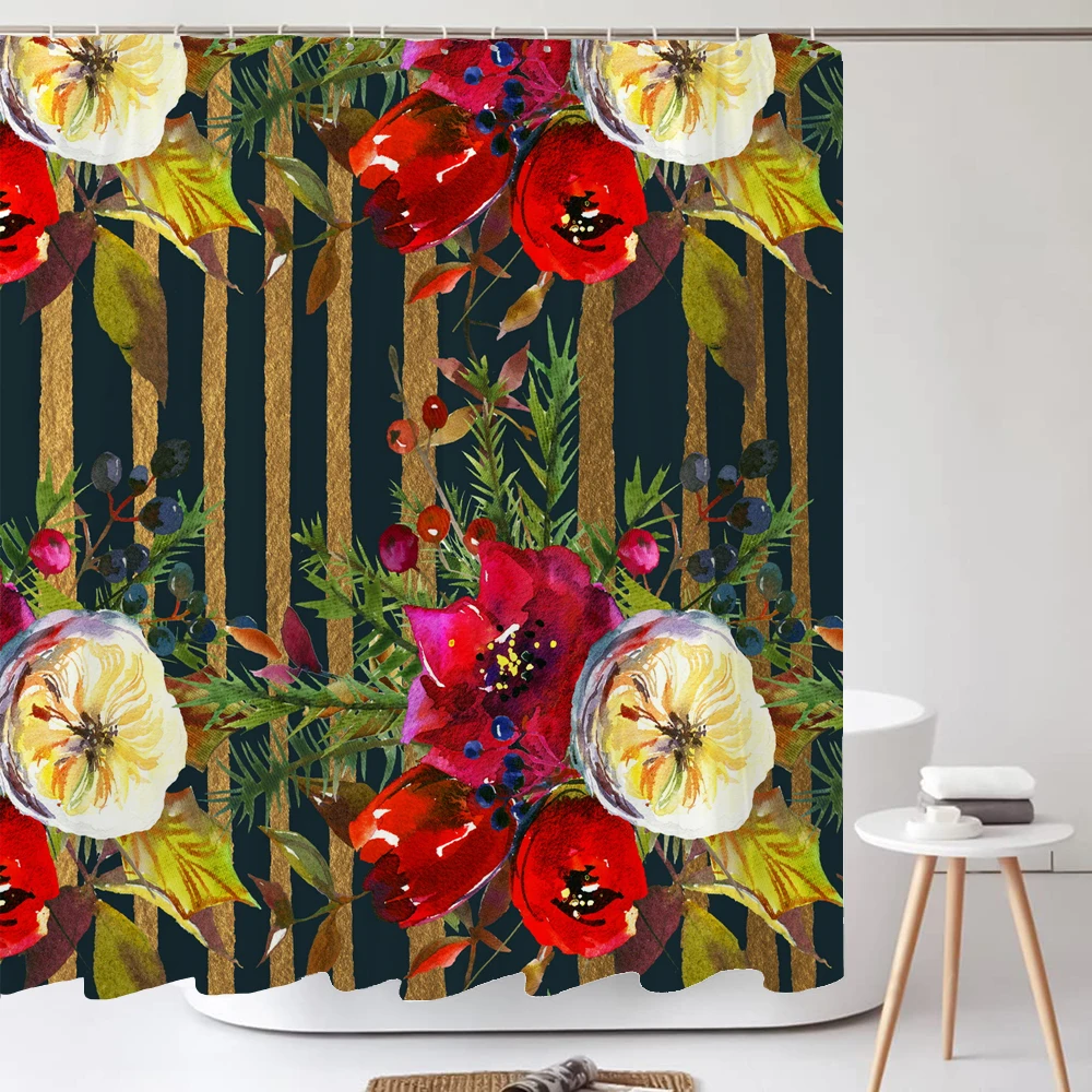 

1Pcs black gold flowers waterproof shower curtain, elegant and luxurious floral shower curtains bathroom decoration, with hooks