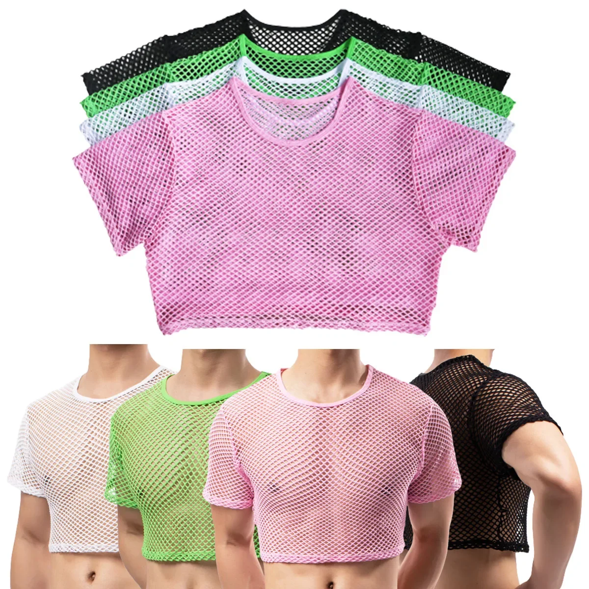 FYXLJJ Sexy Mens Hollow Out Fishnet Undershirts Sexy See Through Mesh Tops Male T Shirts Sport Fitness Vests Nightclub Sheer Top