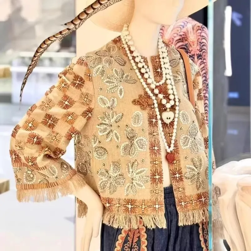 Luxury Handmade Sequined Embroidered Linen Jacket Shining Rhinestone Retro Buckle Tassel Short Coat For Women
