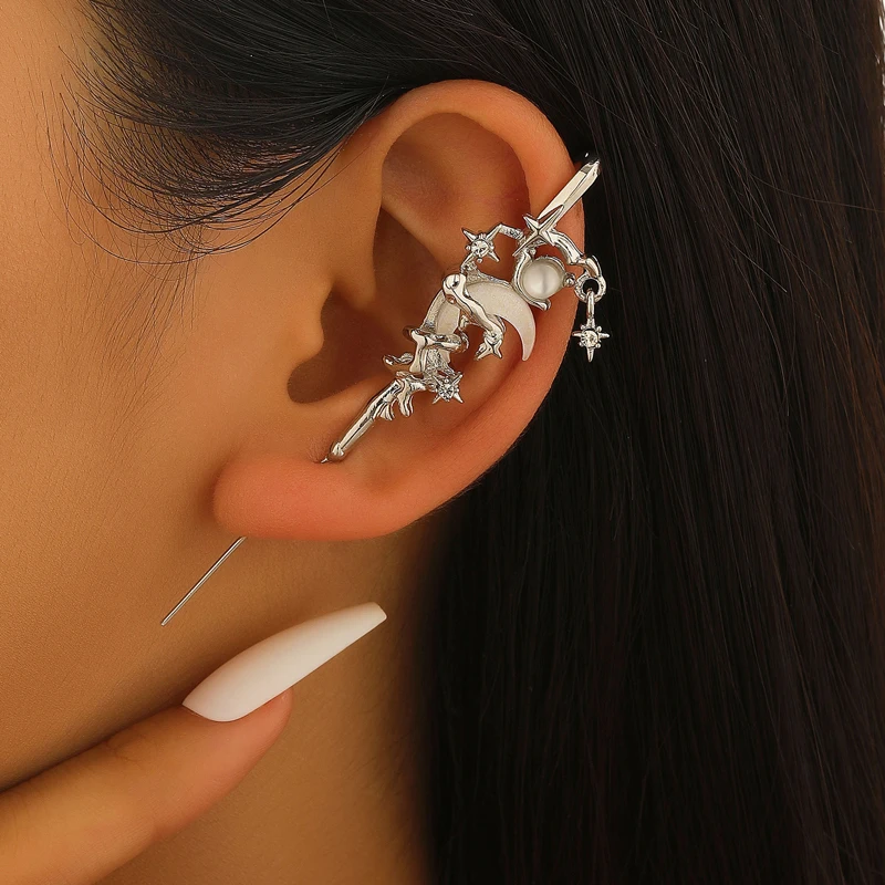 Gothic Black Moon Sword Clip Earrings Ear Cuff Star Accents Punk Single Ear Wrap Earring for Women Vintage Jewelry Gift