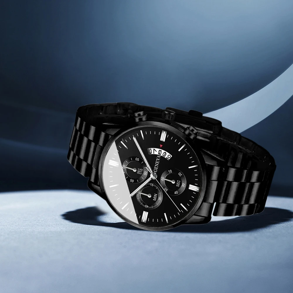 Men Stainless Steel Three-Eyes Calendar Quartz Watch Steel Strap Alloy Material Round Shape Iron Folding image 2