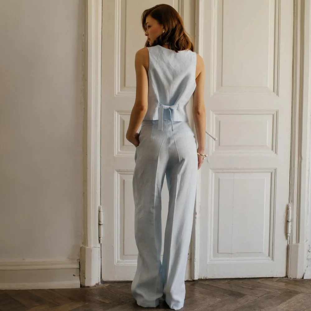 Vintage Casual Women Light Blue Linen Suit Single Breasted 3 Piece Jacket+Pants+Vest Summer Breathable Daily Streetwear