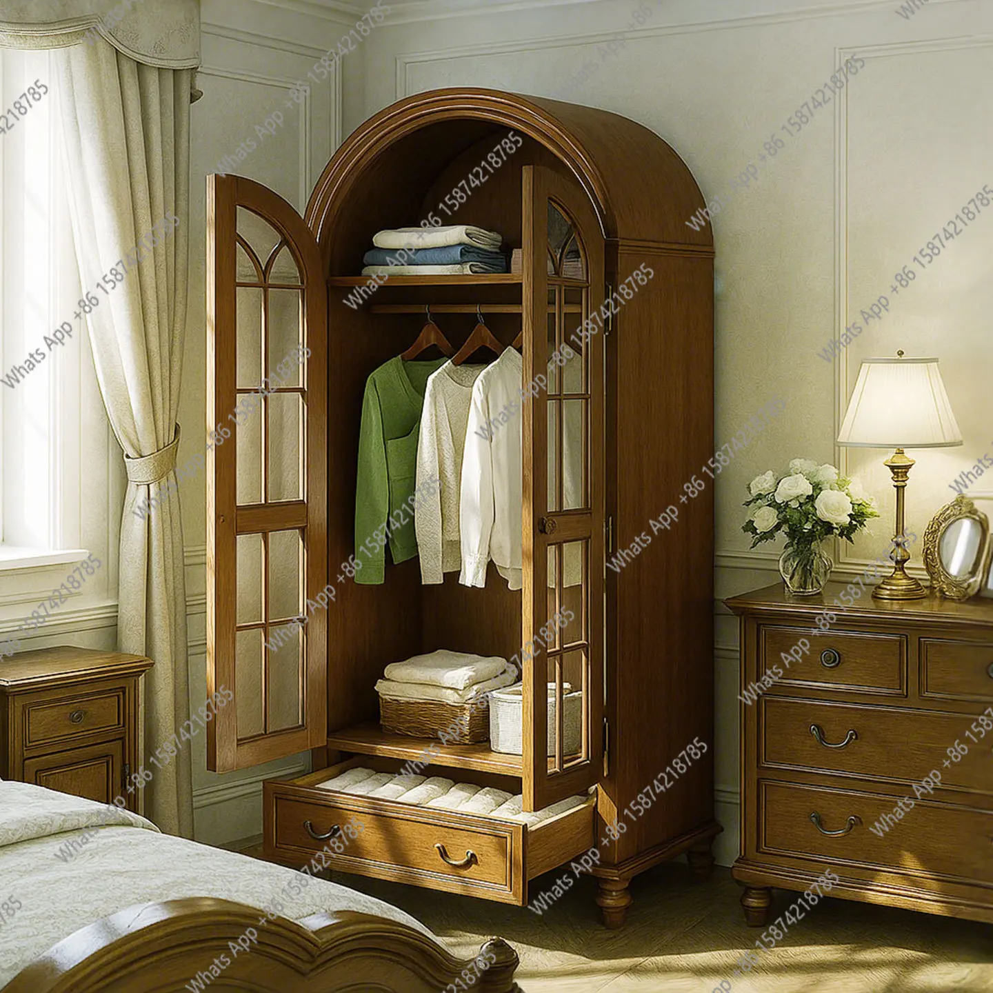 

American pure solid wood arched wardrobe 80cm double door bedroom small apartment wardrobe walnut color independent wardrobe