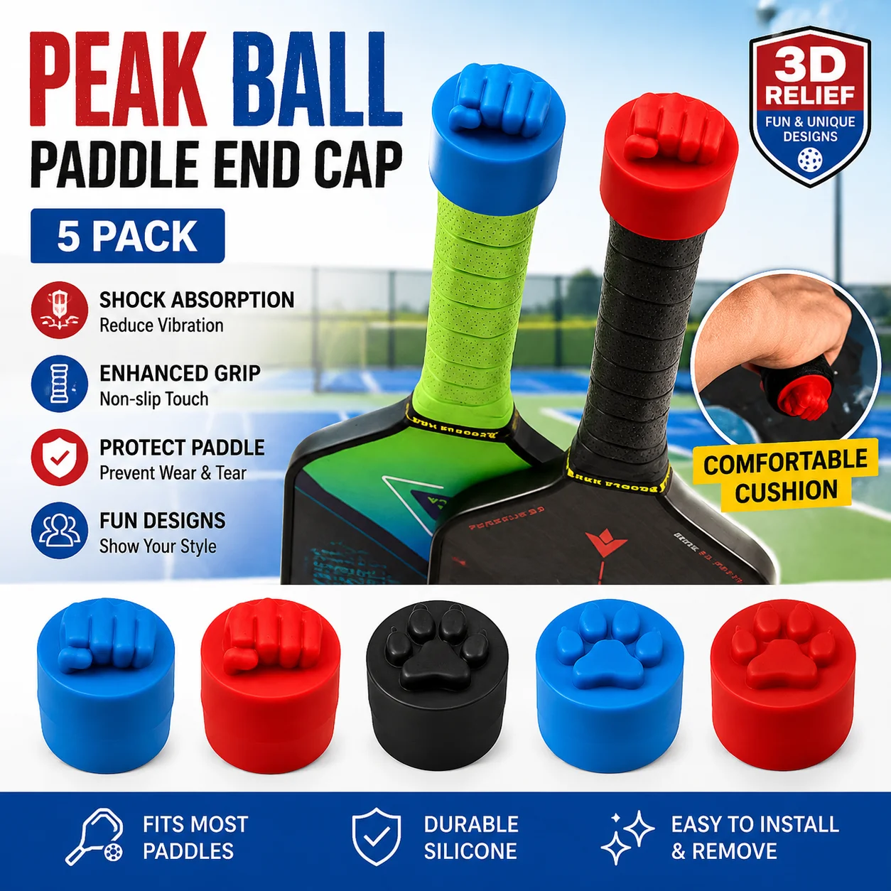 5Pcs Pickleball Paddle End Caps Silicone Handle Grip Slap Cap Fun Racket Tail Protective Sleeve Universal Fit Accessories