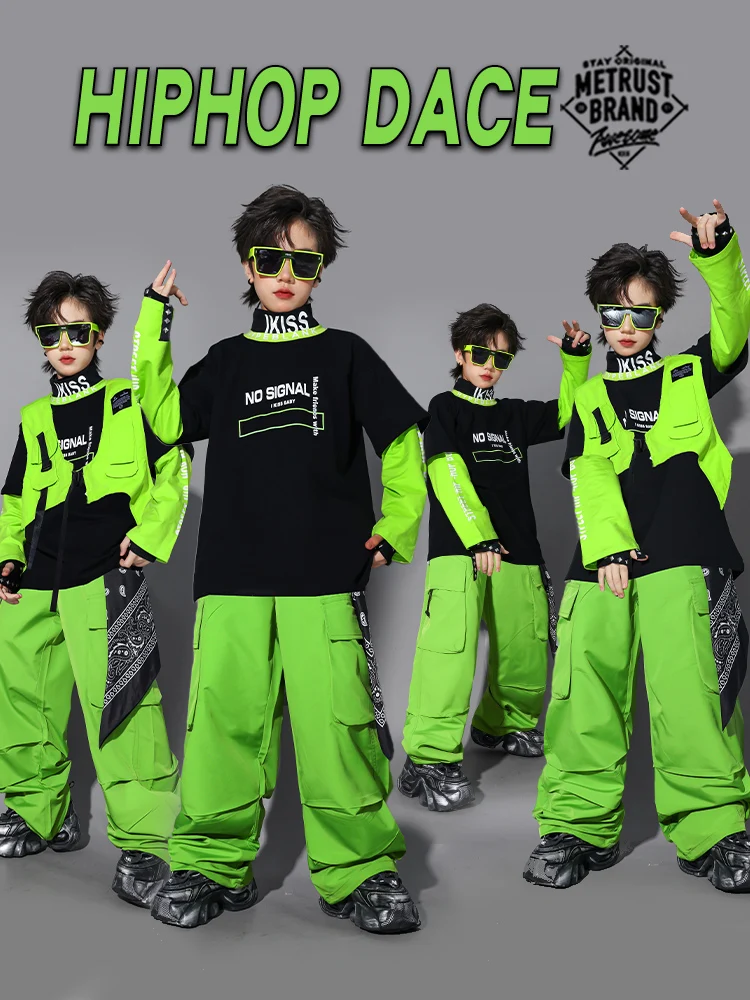 2025 سترة خضراء الهيب هوب السراويل وتتسابق للفتيات رقص الجاز أزياء مسرحية الأولاد الحديثة الهيب هوب الرقص الهذيان الملابس DQS21078