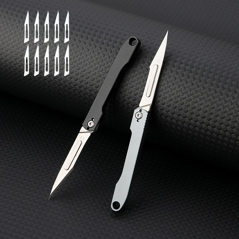 Mini Titanium Alloy Folding Surgical Knife, Medical Outdoor Open Box Portable Surgical Knife with 10pcs Replaceable Blades