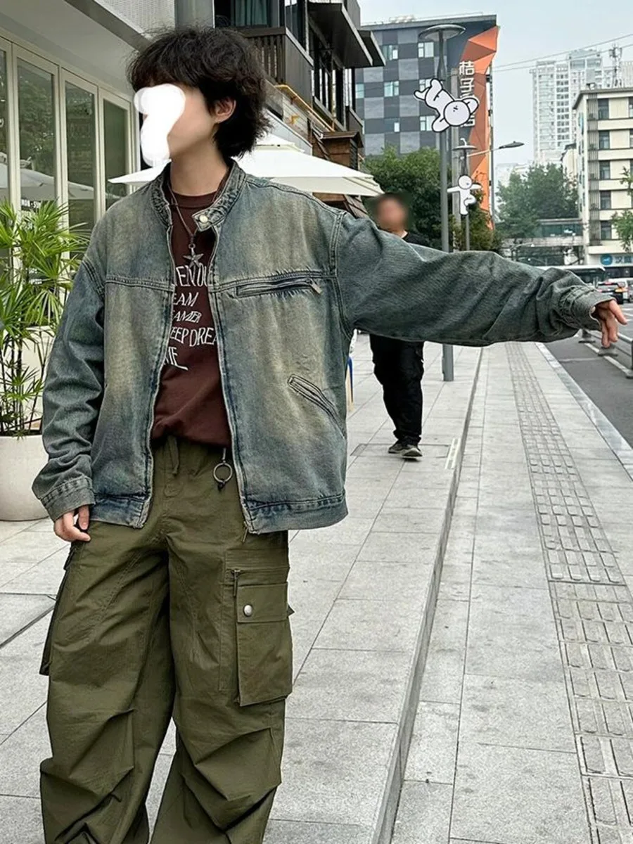 Vintage Denim Jacket Men Women Y2K Streetwear Jeans Coat Bf Harajuku Distressed Loose Casual Outwear Spring Autumn Jacket