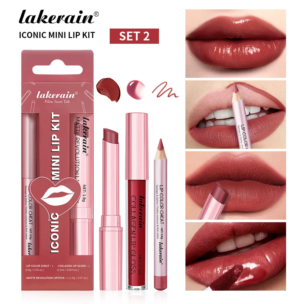 3pcs Matte Lip Combo Set Lip Liner/Hydraterende Getinte Lippenbalsem/Juicys Lipgloss Lippenstift Voor Vrouwen meisjes Make-Up Gift