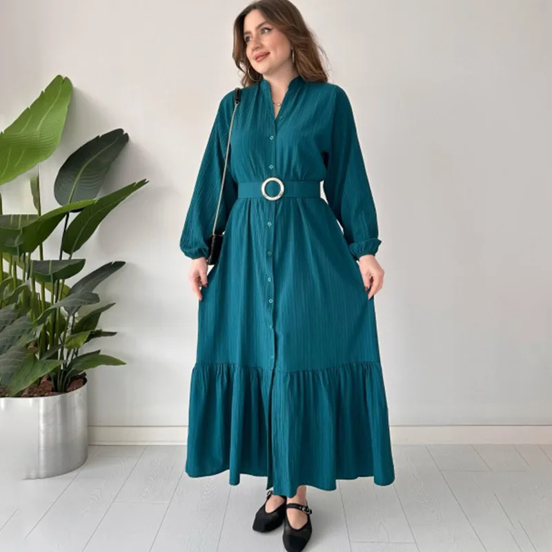 Fashion Solid Color POLO Neck Long Sleeved Dresses Casual Commuting Style Ruffles Skirts Elegant A-line Holiday Dress for Women