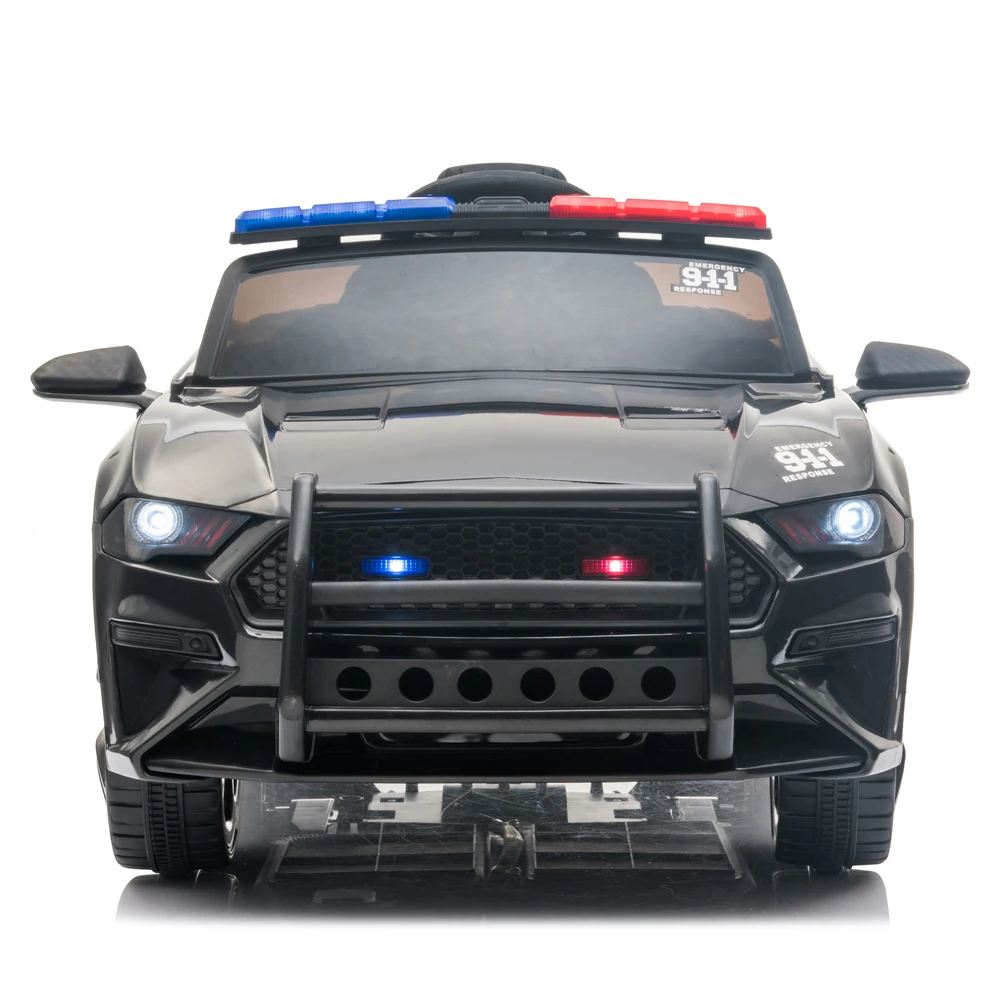 Coche deportivo de policía para niños, 12V, Control remoto de 2,4 GHZ, luces LED, sirena, micrófono, negro