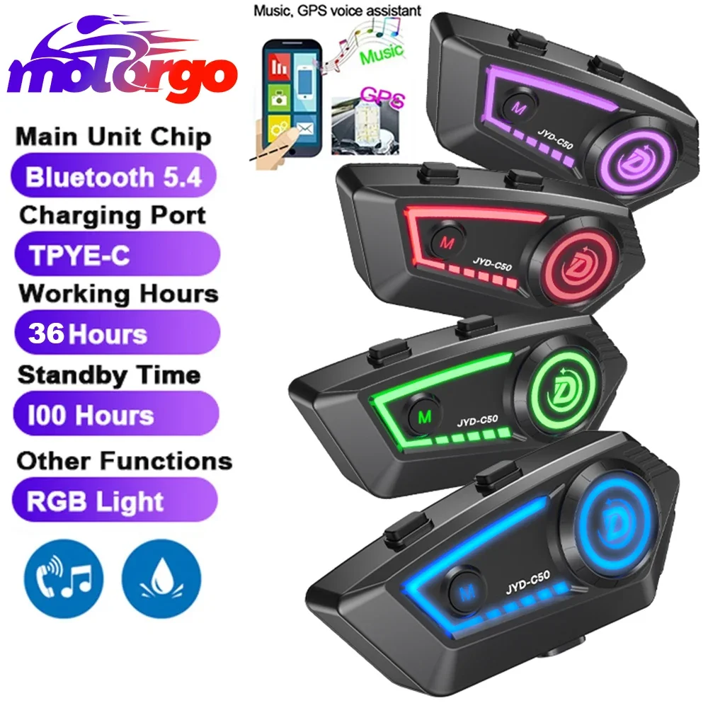 

JYD-C50 Motorcycle Helmet Bluetooth Headset BT5.4 Handsfree Call Wireless Noise Reduction Waterproof Headphone with RGB Light