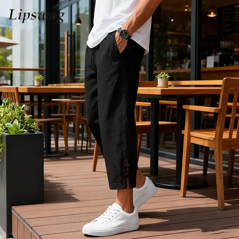 

Льняные брюки больших размеров, мужские повседневные дышащие свободные укороченные брюки с боковыми разрезами, мужские весенне-осенние модные брюки на шнурке