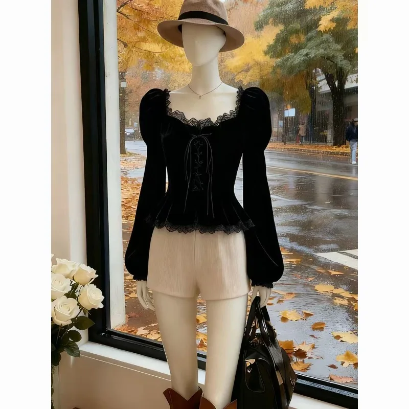 Spring and  Autumn  Women's Clothing Thin Inner Temperament Shirt French Hepburn Style Black Lace Bubble Sleeve Velvet Top 2026