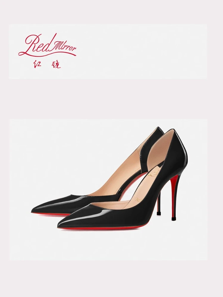 ด้านในสีแดง, ก้นสีแดง, ตะเข็บนิ้วเท้าแบบเปิด, ด้านข้างเปล่า, ปากตื้น, รองเท้าส้นสูงปลายแหลมหนังแก้วสีดำมืออาชีพเซ็กซี่