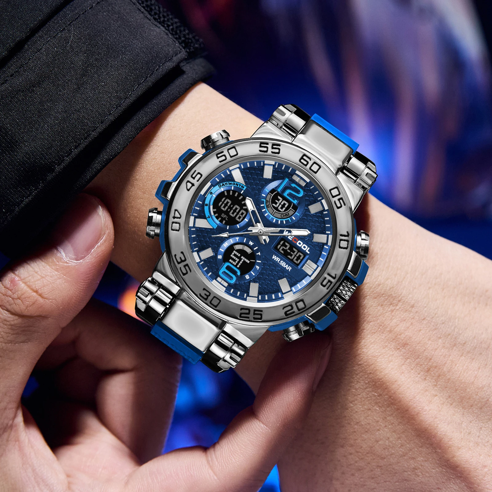 WECOOL العلامة التجارية المزدوجة العرض الرقمي W-822 50M للماء المنبه ساعة مضيئة للرجل