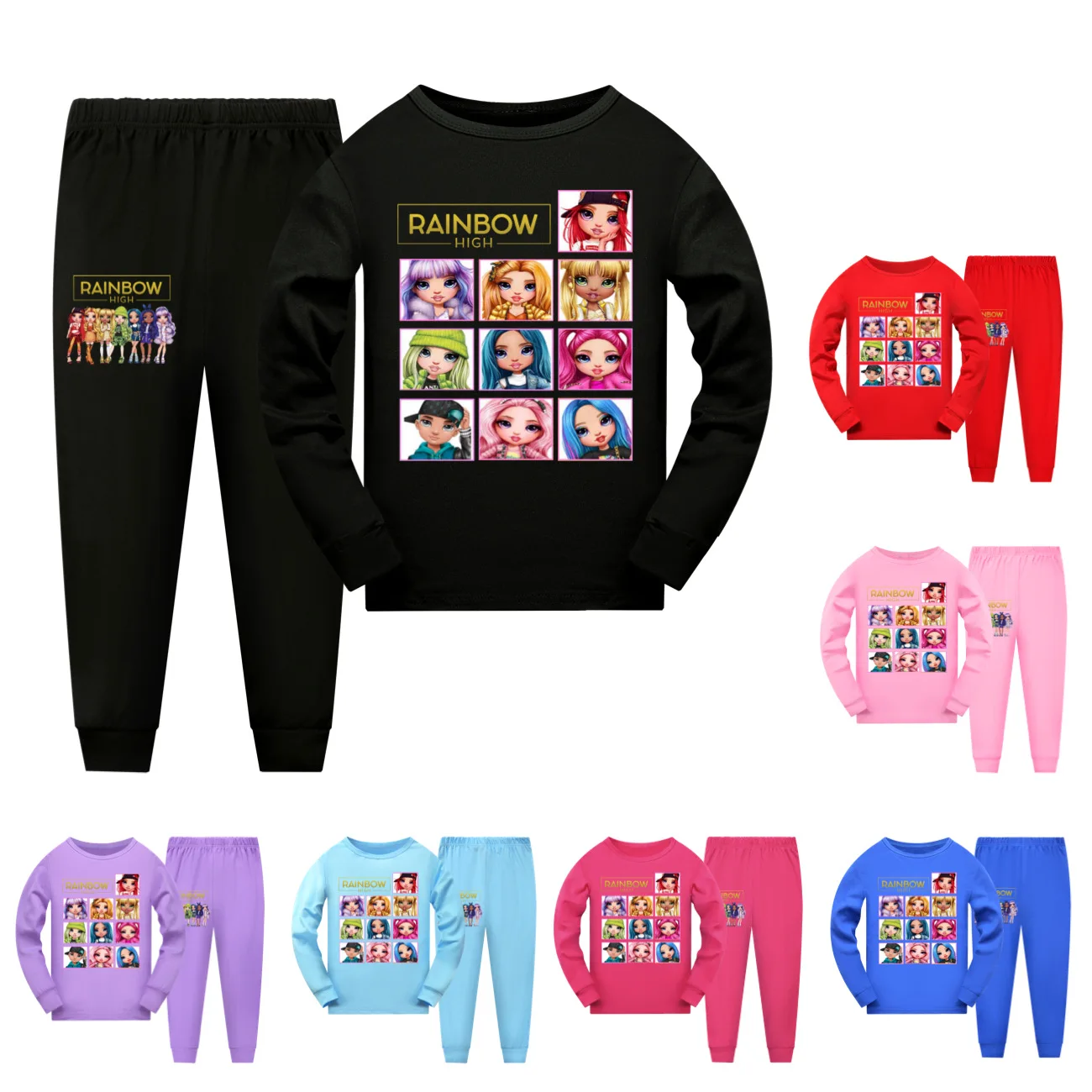 New Rainbow High Clothes Kids T-shirt Sweatpants 2pcs Set Baby Girls Long Sleeve Pajama Sets Boys Spring Sleepwear 5-16 Years