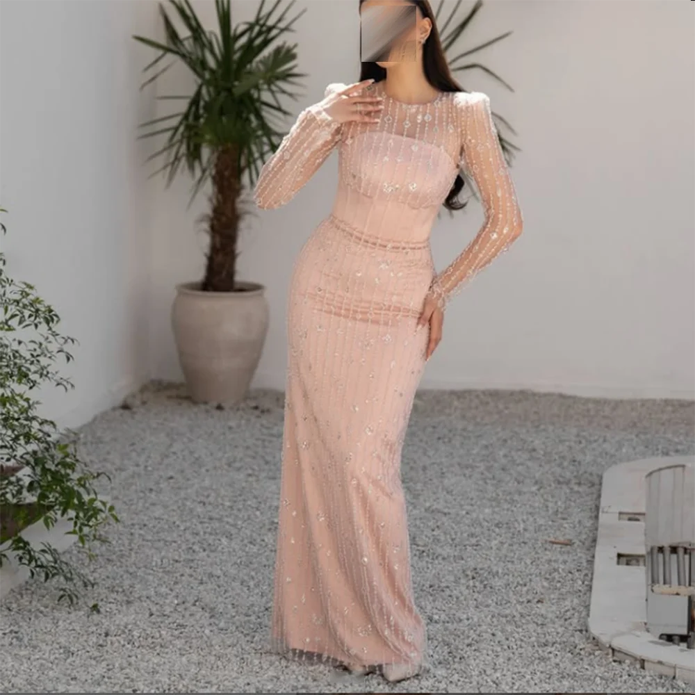 

Customized O-Neck Evening Dresses Sequined Beading Full Sleeve Floor-Length mermaid Prom Gown Modern Long Wedding Party Dress