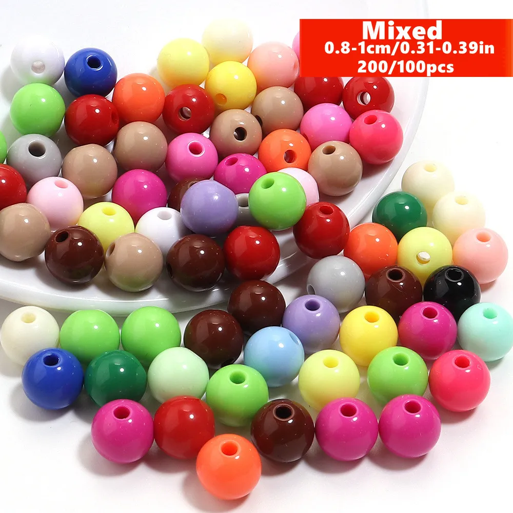 200/100 Stück 8/10mm Tief Gemischte Farben Acryl Runde Abstandsperlen für DIY-Bastelbedarf und Zubehör