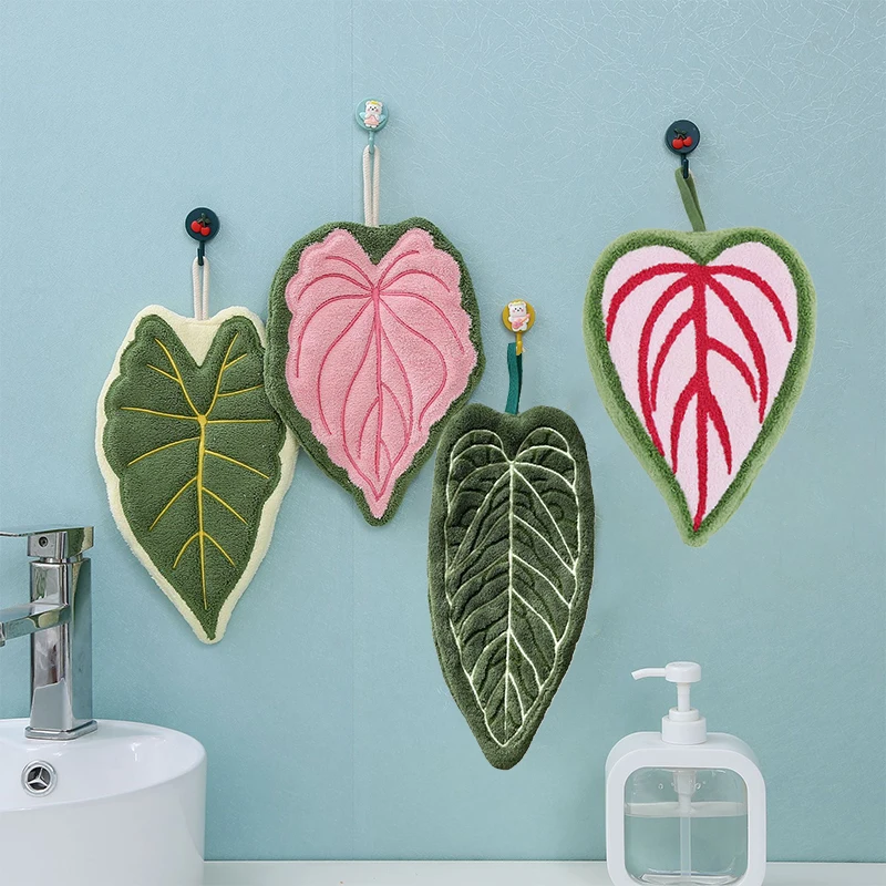 Soft Double-layer Leaf Style Hand Towel Thickened Absorbent Hanging Hand Cloth Speed Dry Handkerchief Rag for Kitchen Bathroom