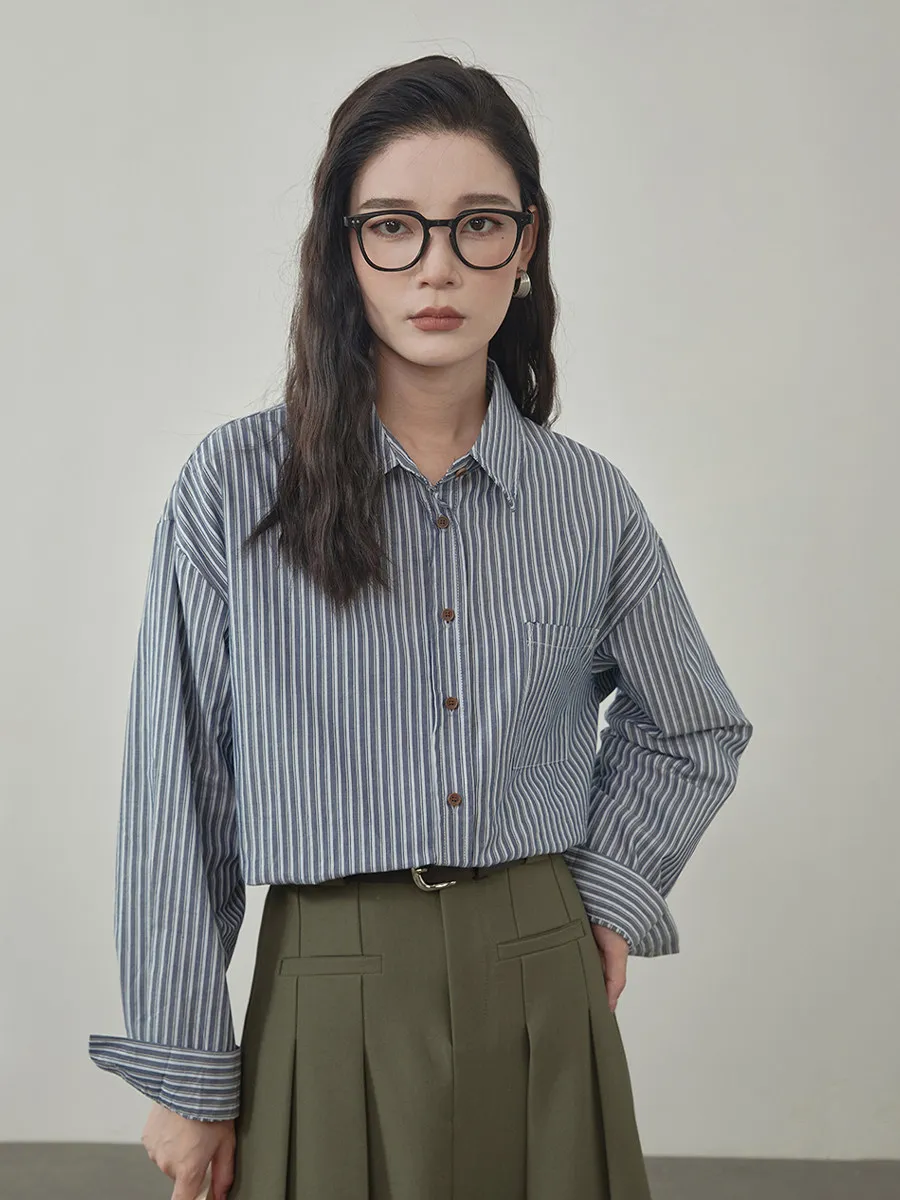 

Ele Striped Women's irt Spring 2026 New Versatile Slimming Top Korean Sle Cotton Long Sve Collar Open Cardigan