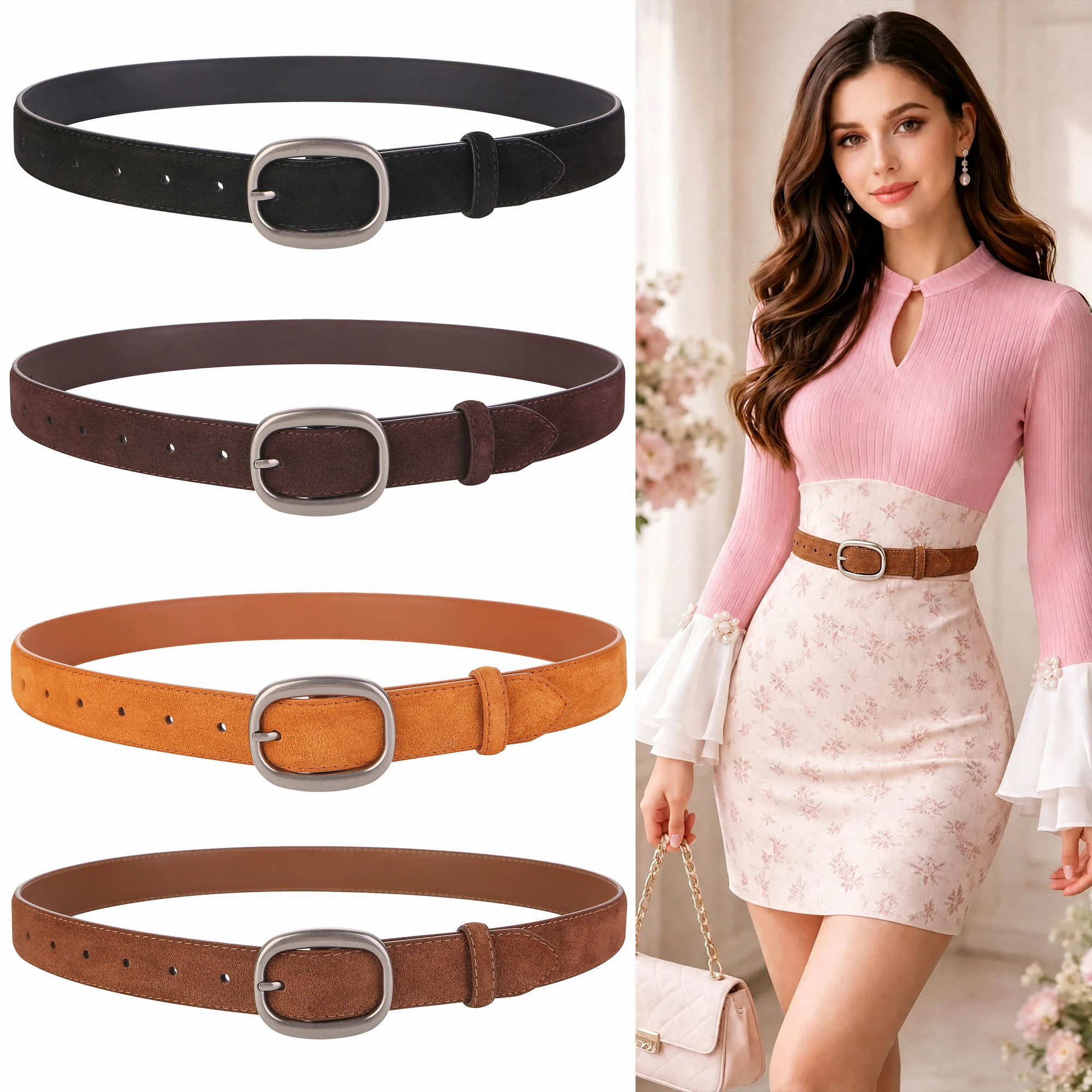 Fashion Women Suede Leather Belt Matte Silver Oval Pin Buckle Ladies Decorative Waist Belt For Jeans Dresses Daily