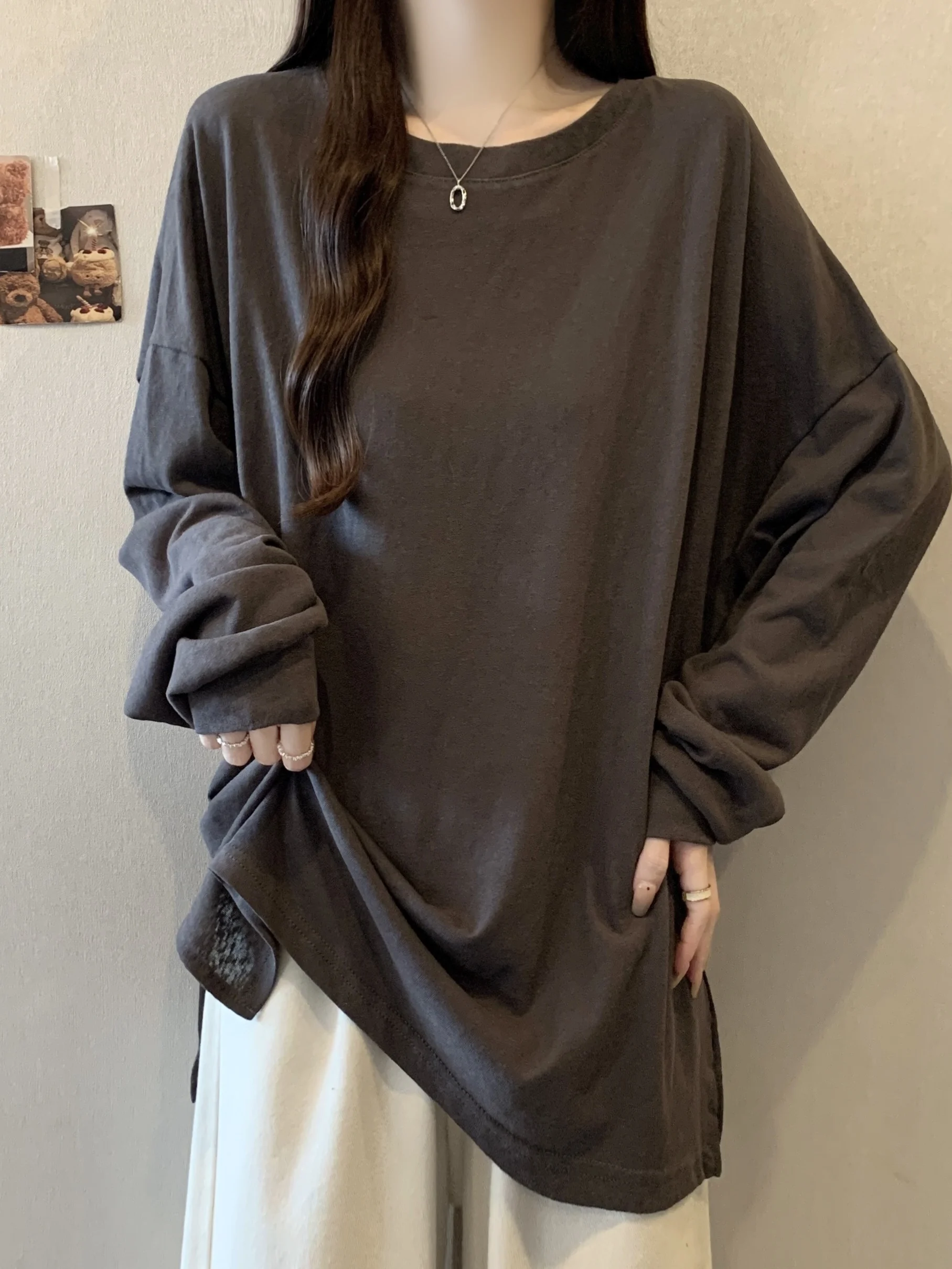 Slimming Long Sleeve T-Shirt Women's Casual Base Layer Shirt Autumn Spring plus Size Loose Belly Covering Comfortable Top