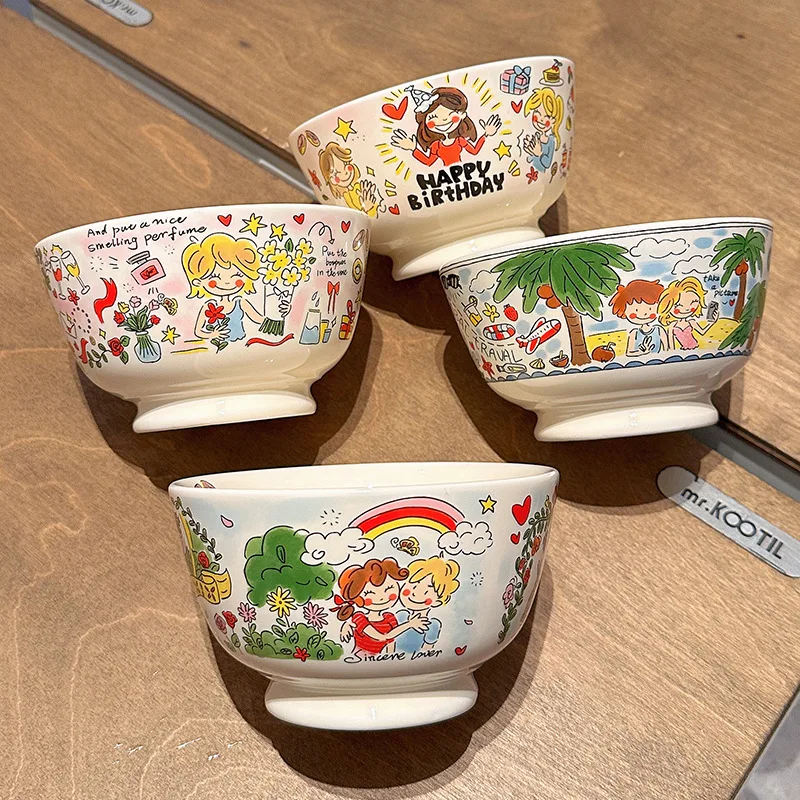 Handdrawn Creative Ceramic Tableware Set, Colorful Fish Dishes, Deep Breakfast Plate, Cream Style Series, Home, New