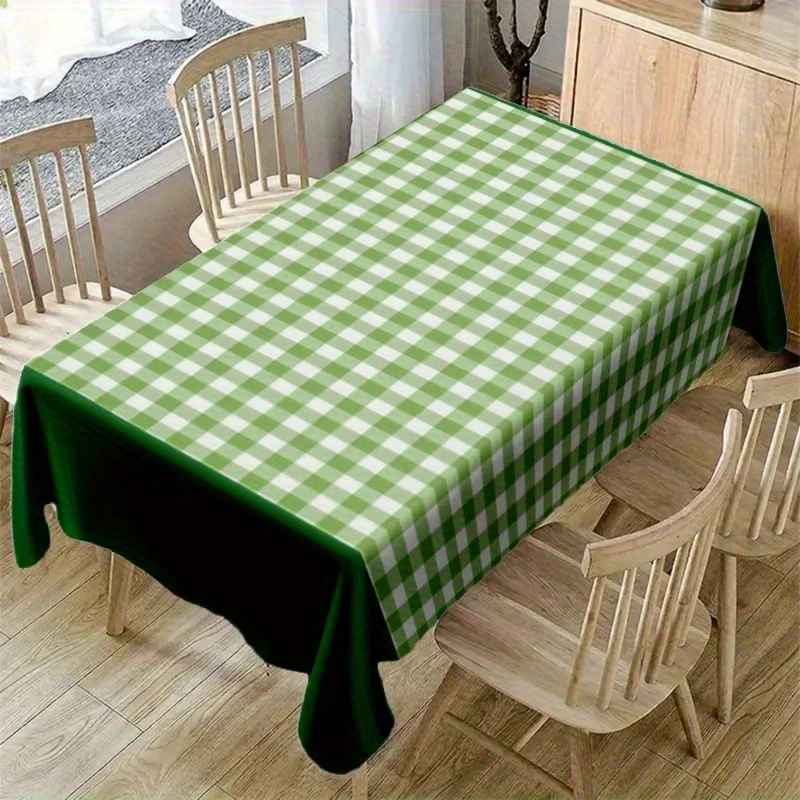 Green Gingham Tablecloth, White Base Green Plaid Print Waterproof Rectangular Table Cover, Washable for Home Dining Decor
