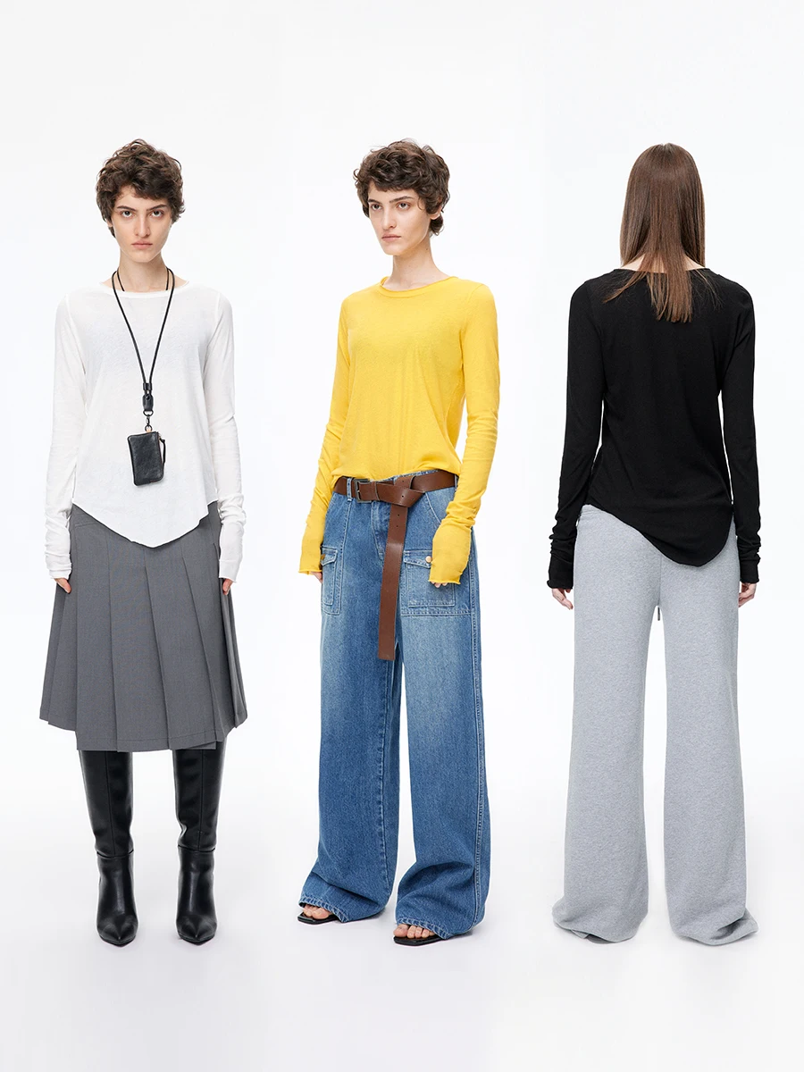 

Loala Office Original Design round Neck Long Sleeve T-Shirt Pure Cotton Asymmetrical Hem Base Shirt Casual Style Loose Fit