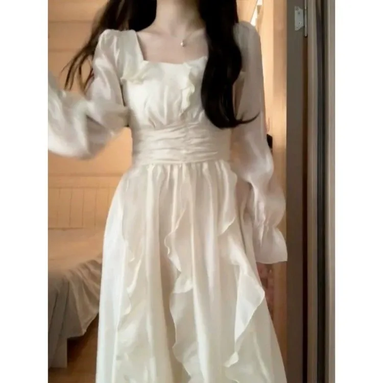 Elegant Sweet Square Collar Ruffles Dresses Fashion Slim Waist Dress for Women 2025 Summer New Long Sleeve Vestidos Mujer