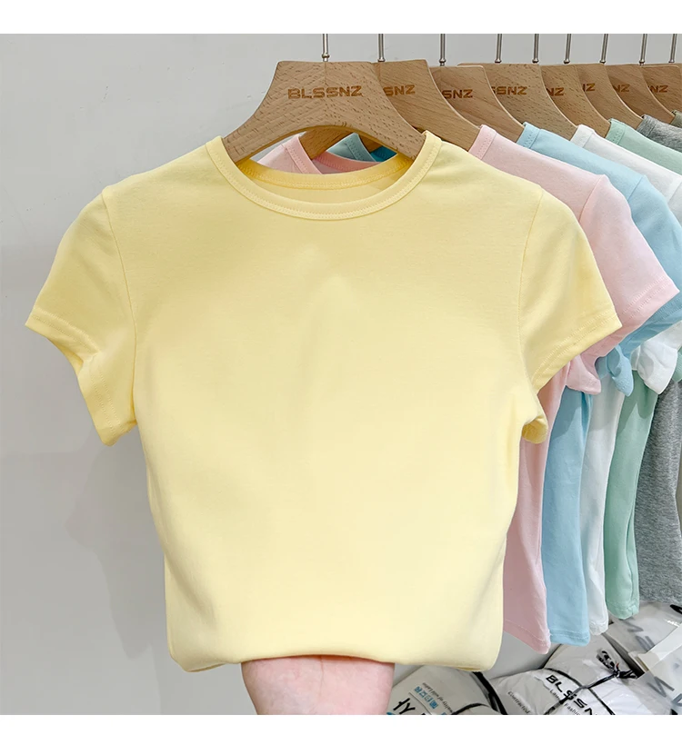 Zjaiss 2026 Sommer Neues Design Slim Fit Basic Top Trendiges Damen Baumwoll-Kurzarm-T-Shirt Einfarbig Vielseitiges O-Neck Tee – Detail 26