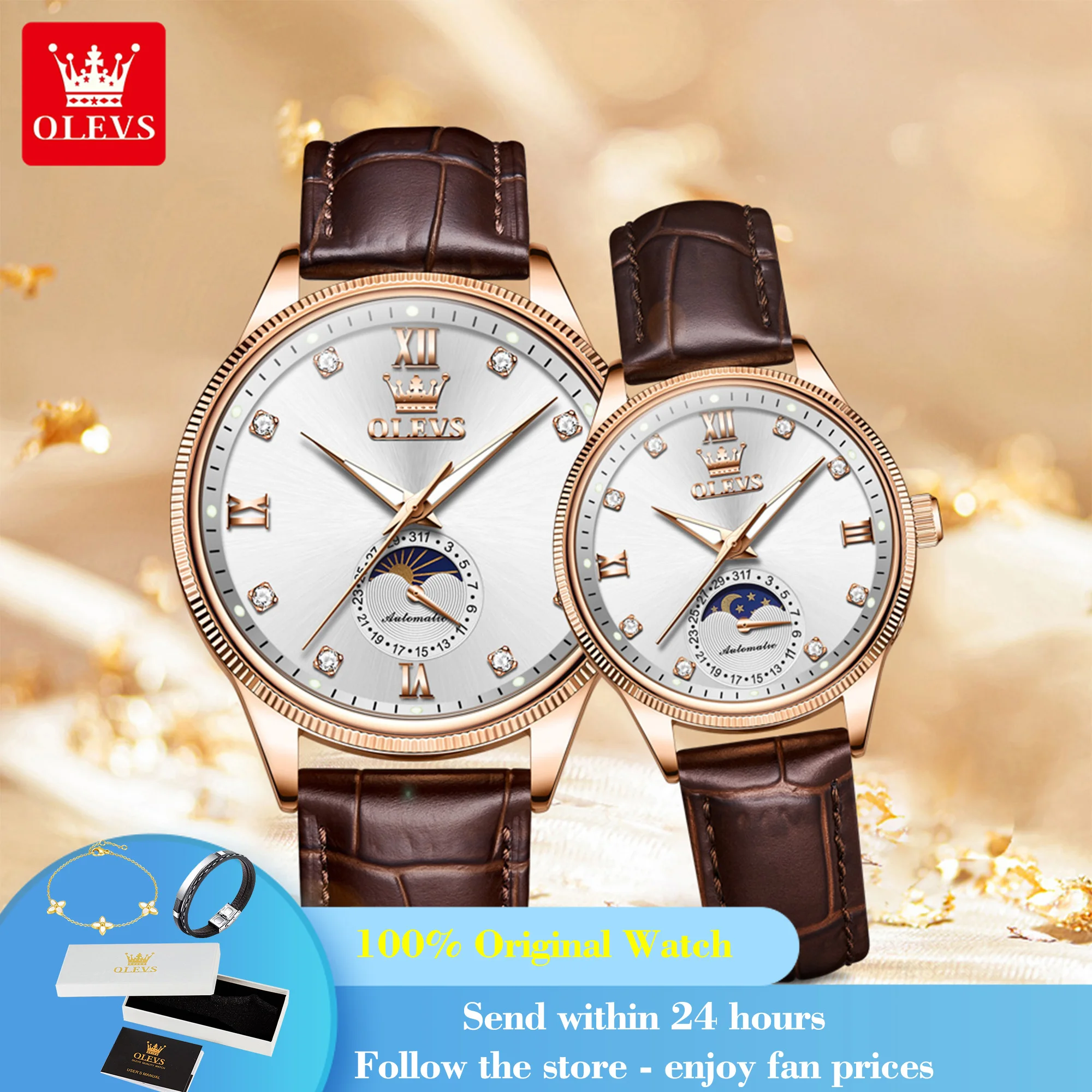 

OLEVS 7039 Automatic Watch For Men Women Moon Phase Mechanical Couple Watches Diamond Scale Waterproof Luminous Date Wristwatch