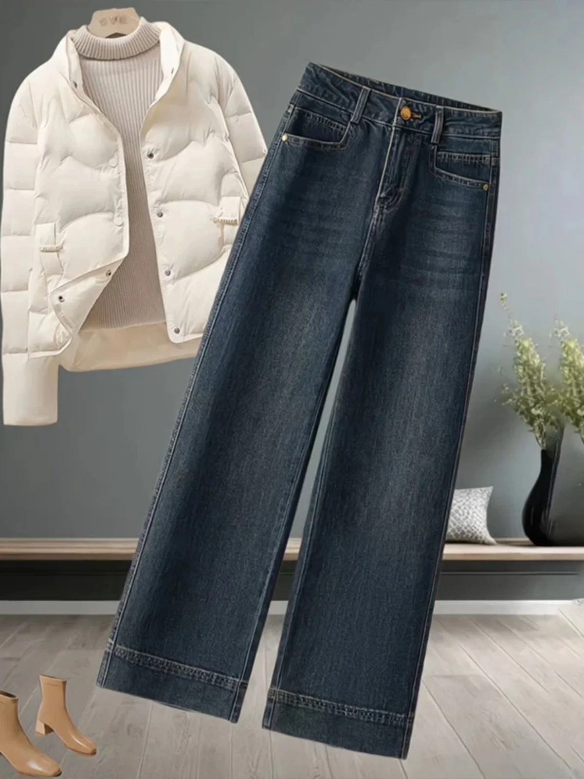 

High Waist Wide Leg Retro Fleece Straight Cut Jeans Women's Loose Fit Spring New Style Commute Style Korean Version