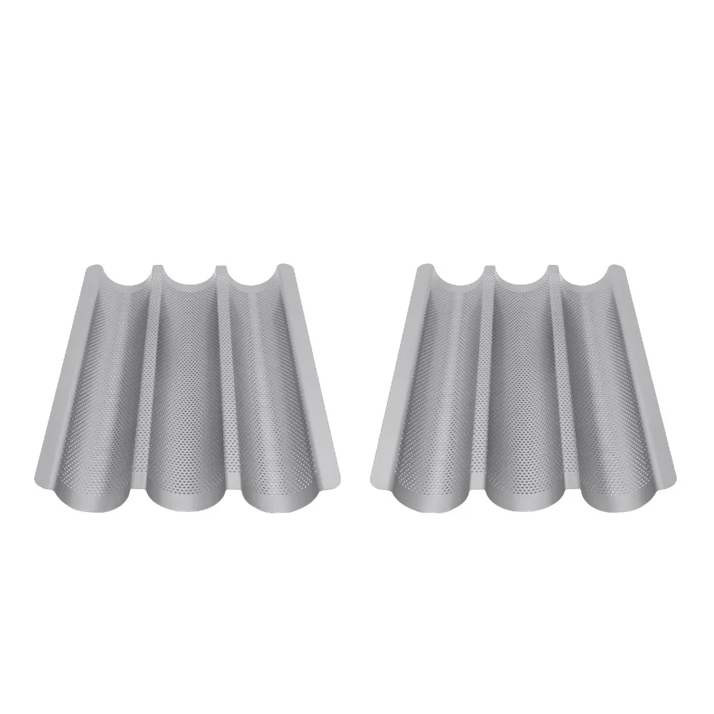 2PCS Carbon Steel Baguette Baking Pan Three Channel Nonstick French Bread Pan Rounded Corner Perforated Baguette Mold